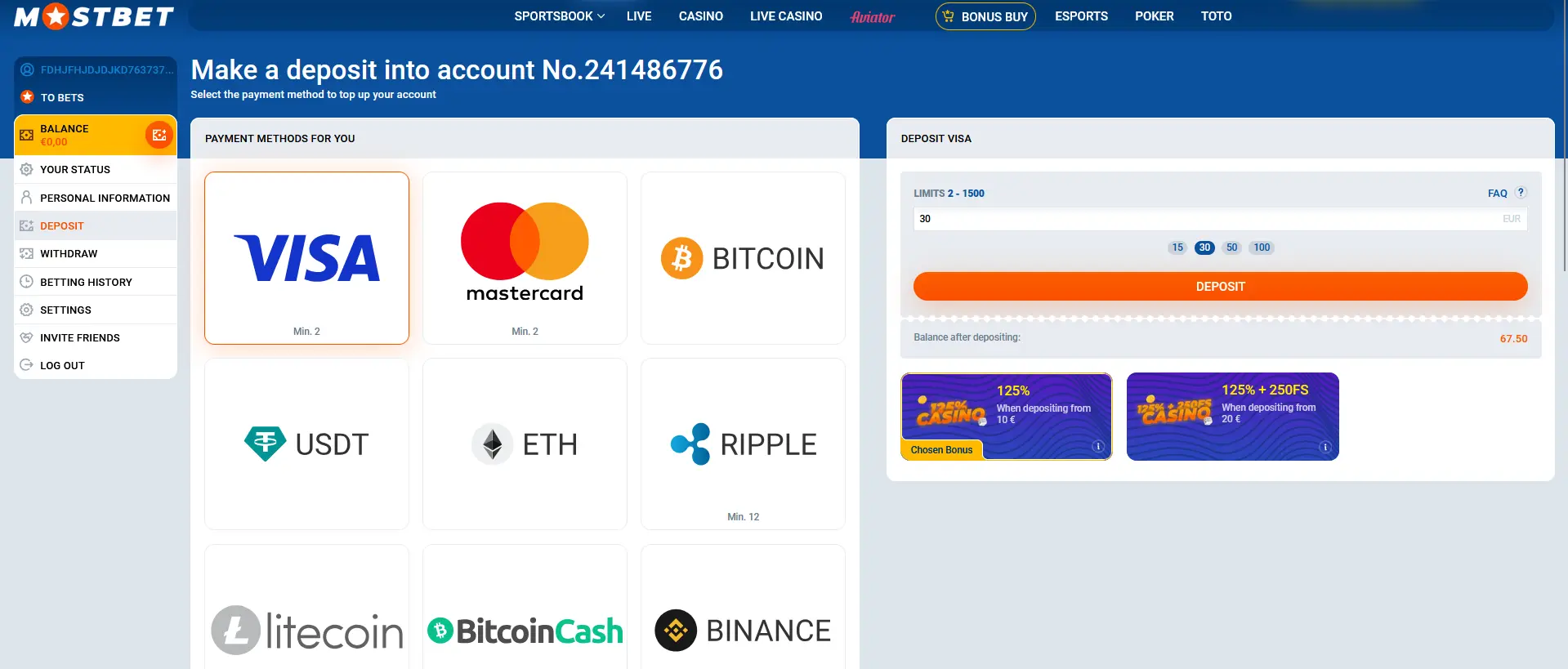 Account Funding - Mostbet