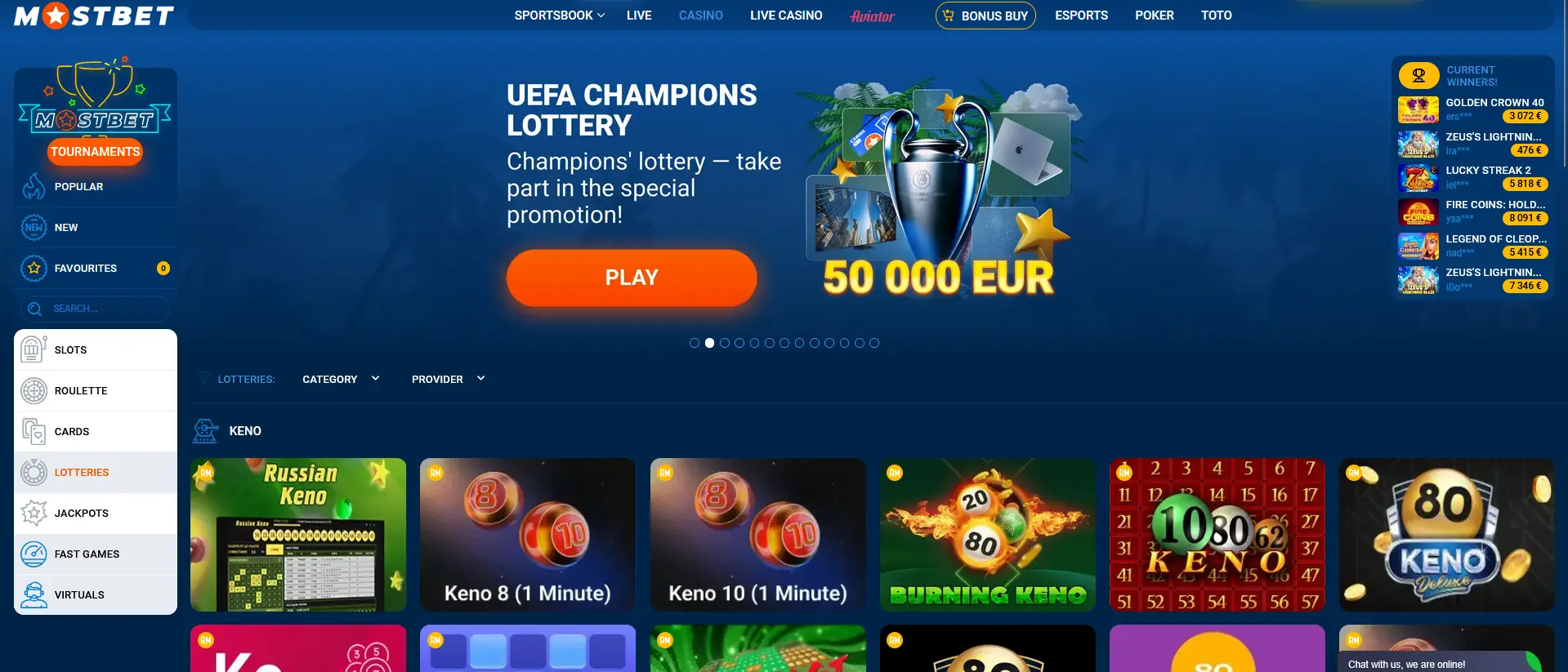Lottery Games Section - Mostbet